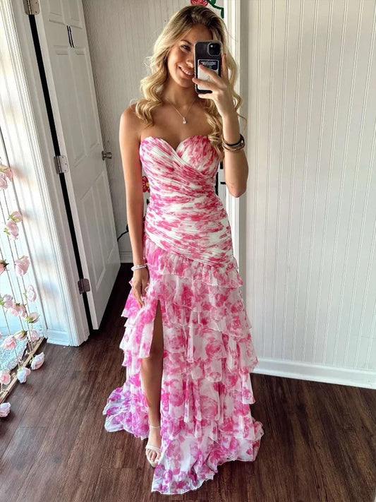 Cassian | Vestidos de fiesta largos de gasa con escote en forma de corazón y estampado de sirena con abertura