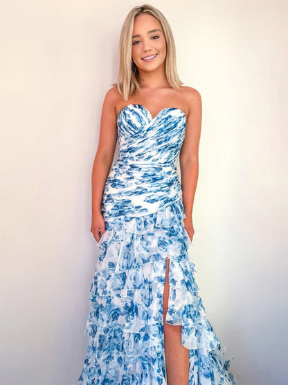 Cassian | Vestidos de fiesta largos de gasa con escote en forma de corazón y estampado de sirena con abertura