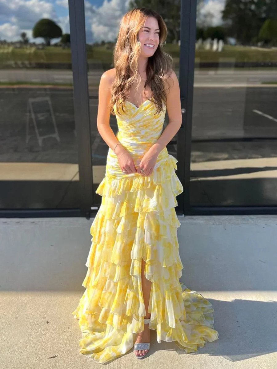 Cassian | Vestidos de fiesta largos de gasa con escote en forma de corazón y estampado de sirena con abertura