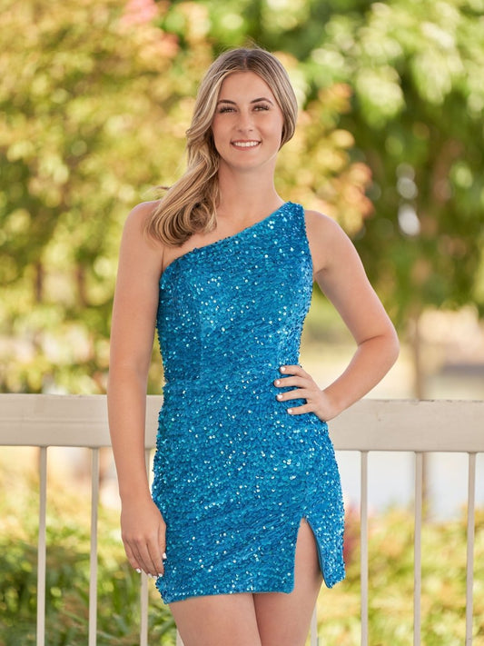 Cate | Vestido de fiesta con lentejuelas azules, de un solo hombro y abertura