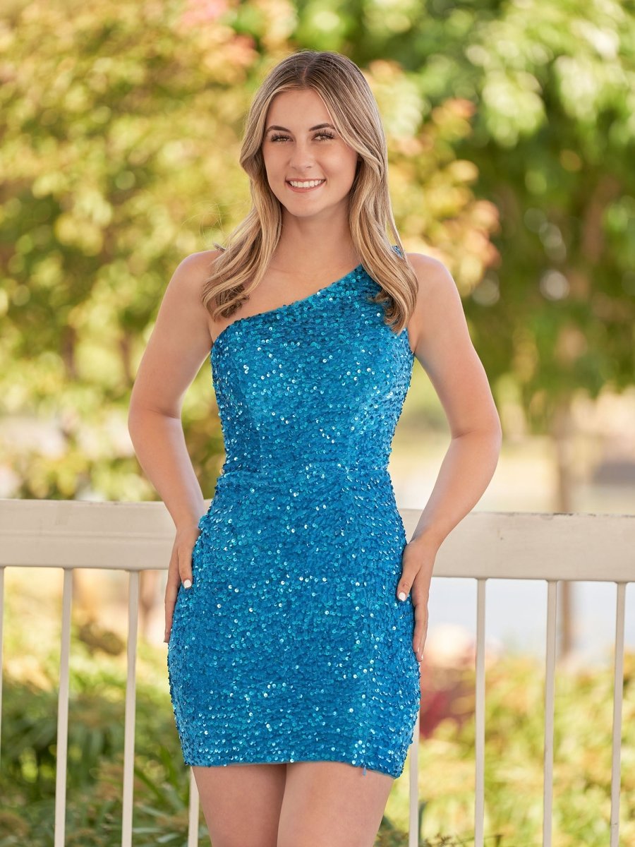 Cate | Vestido de fiesta con lentejuelas azules, de un solo hombro y abertura