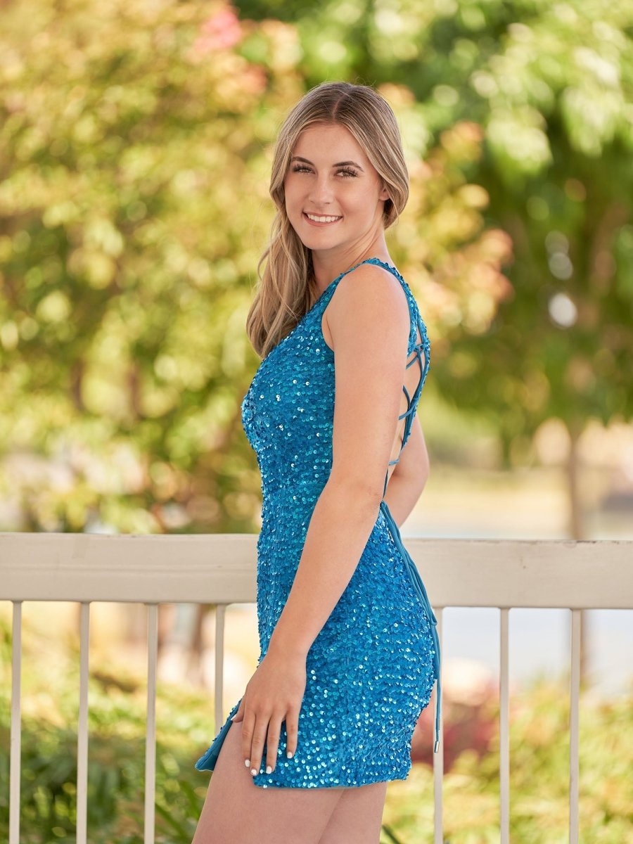 Cate | Vestido de fiesta con lentejuelas azules, de un solo hombro y abertura