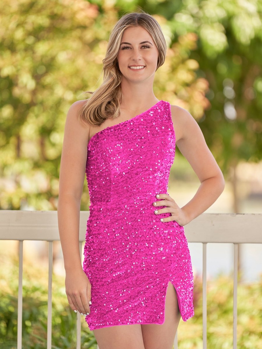 Cate | Vestido de fiesta con lentejuelas azules, de un solo hombro y abertura
