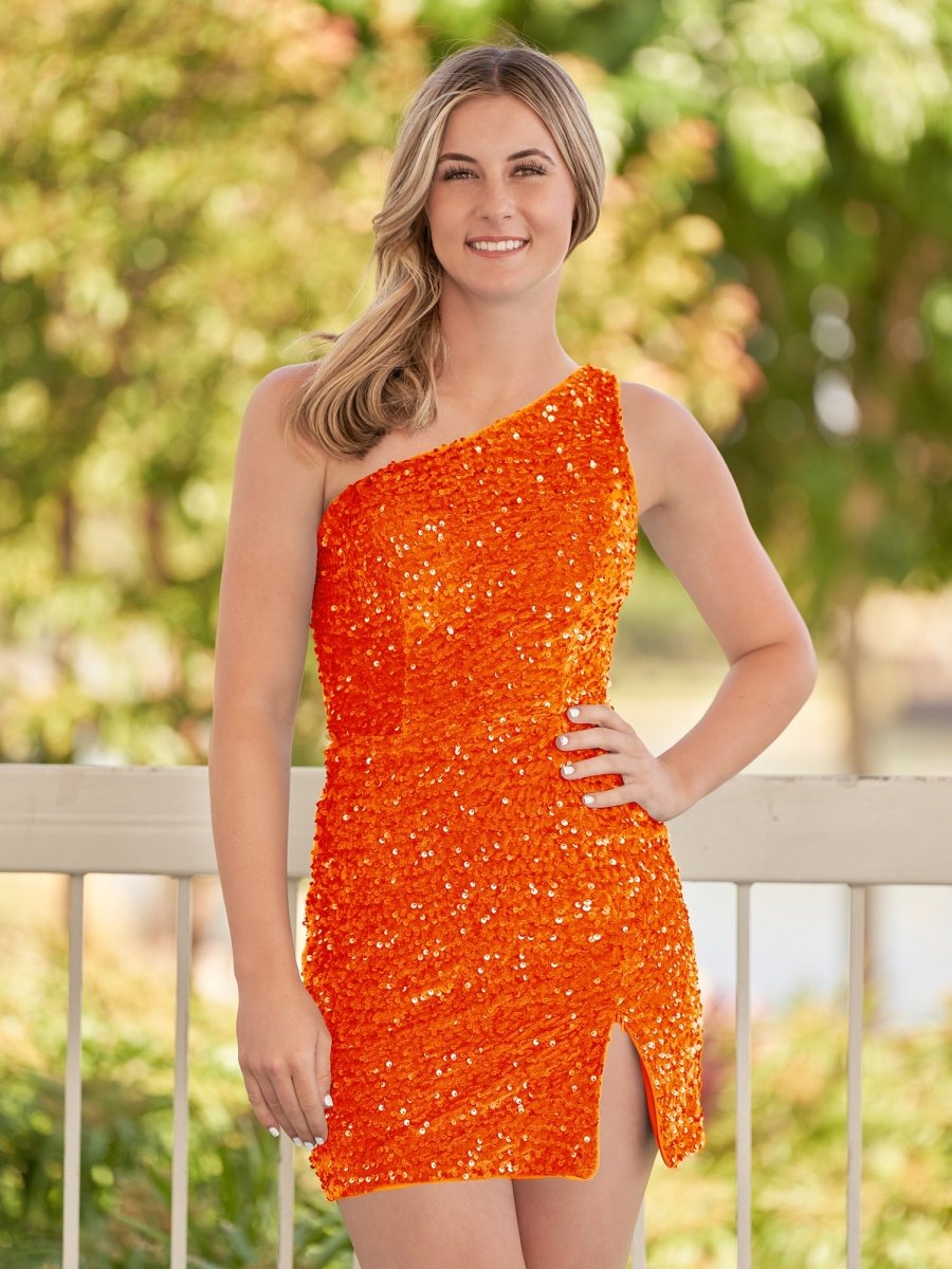 Cate | Vestido de fiesta con lentejuelas azules, de un solo hombro y abertura