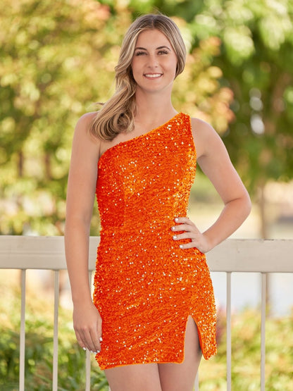 Cate | Vestido de fiesta con lentejuelas azules, de un solo hombro y abertura