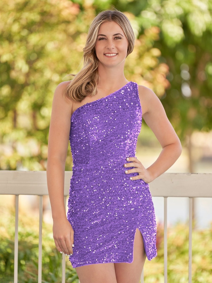 Cate | Vestido de fiesta con lentejuelas azules, de un solo hombro y abertura