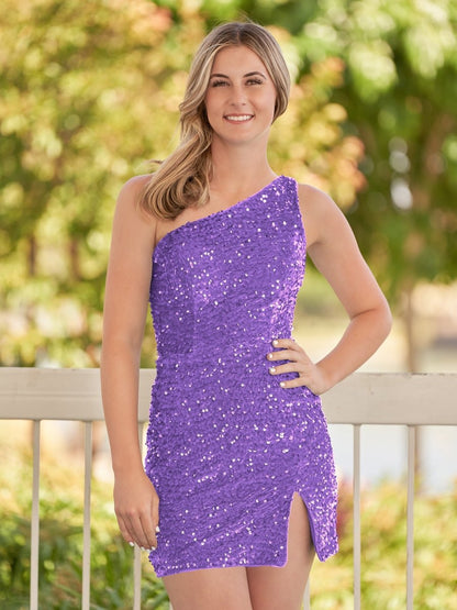 Cate | Vestido de fiesta con lentejuelas azules, de un solo hombro y abertura
