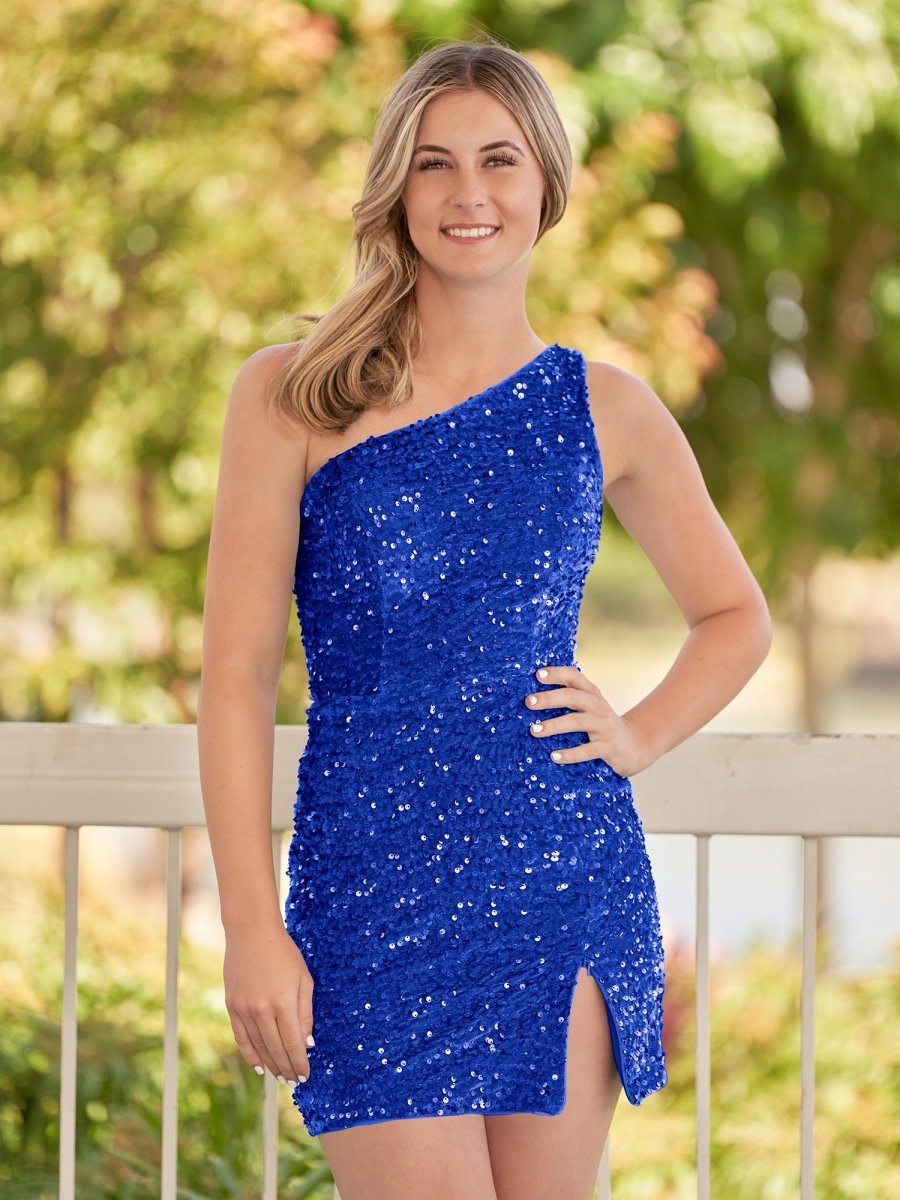 Cate | Vestido de fiesta con lentejuelas azules, de un solo hombro y abertura