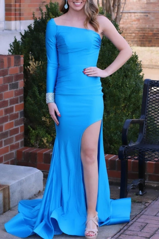Charee | Vestido largo de sirena de una manga azul con abertura