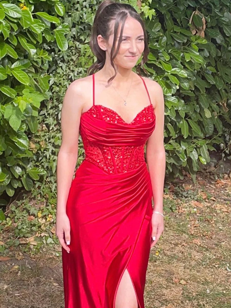 Chari | Vestido de fiesta largo con escote en V, escote en V, corsé transparente y cristales en color rosa sirena con abertura