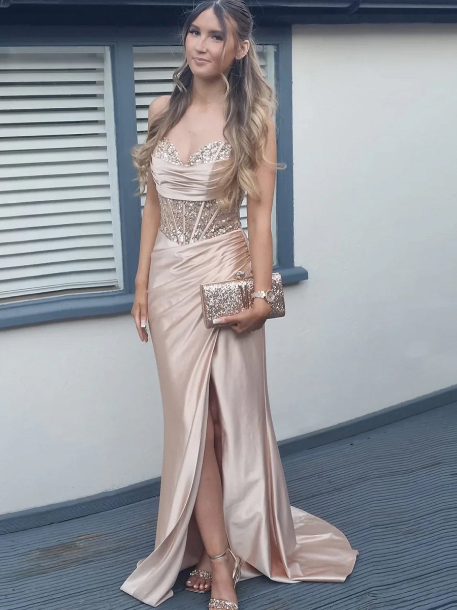 Chari | Vestido de fiesta largo con escote en V, escote en V, corsé transparente y cristales en color rosa sirena con abertura