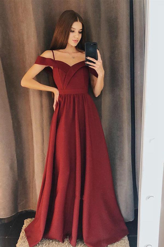 Charming A Line Off the Shoulder Burgundy Long Prom Dresses PG718