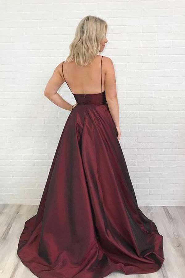 Charming Satin Burgundy Prom Dress V Neck Party Dress PG671