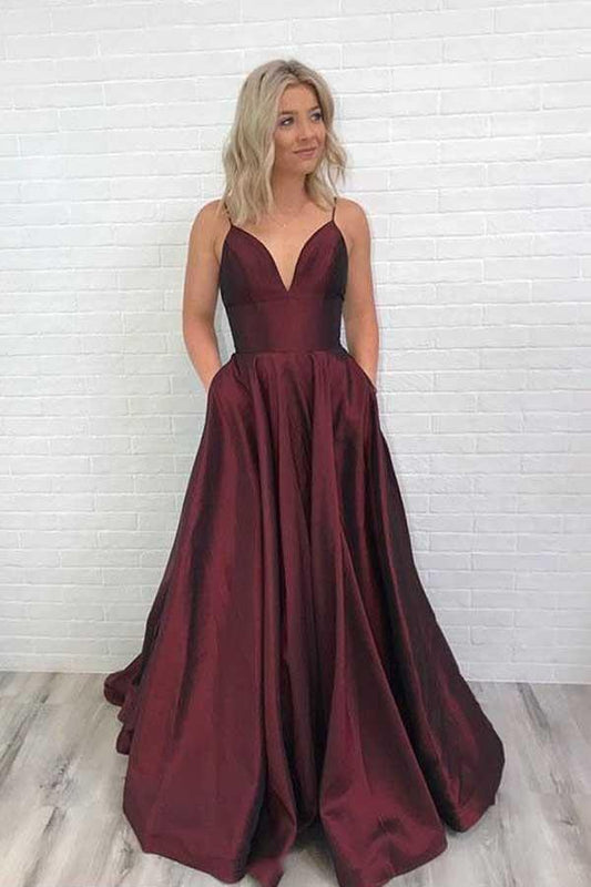 Charming Satin Burgundy Prom Dress V Neck Party Dress PG671