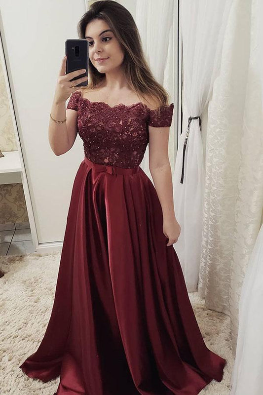 Chic Off Shoulder Floor Length Satin Lace Burgundy Prom Dress PG897