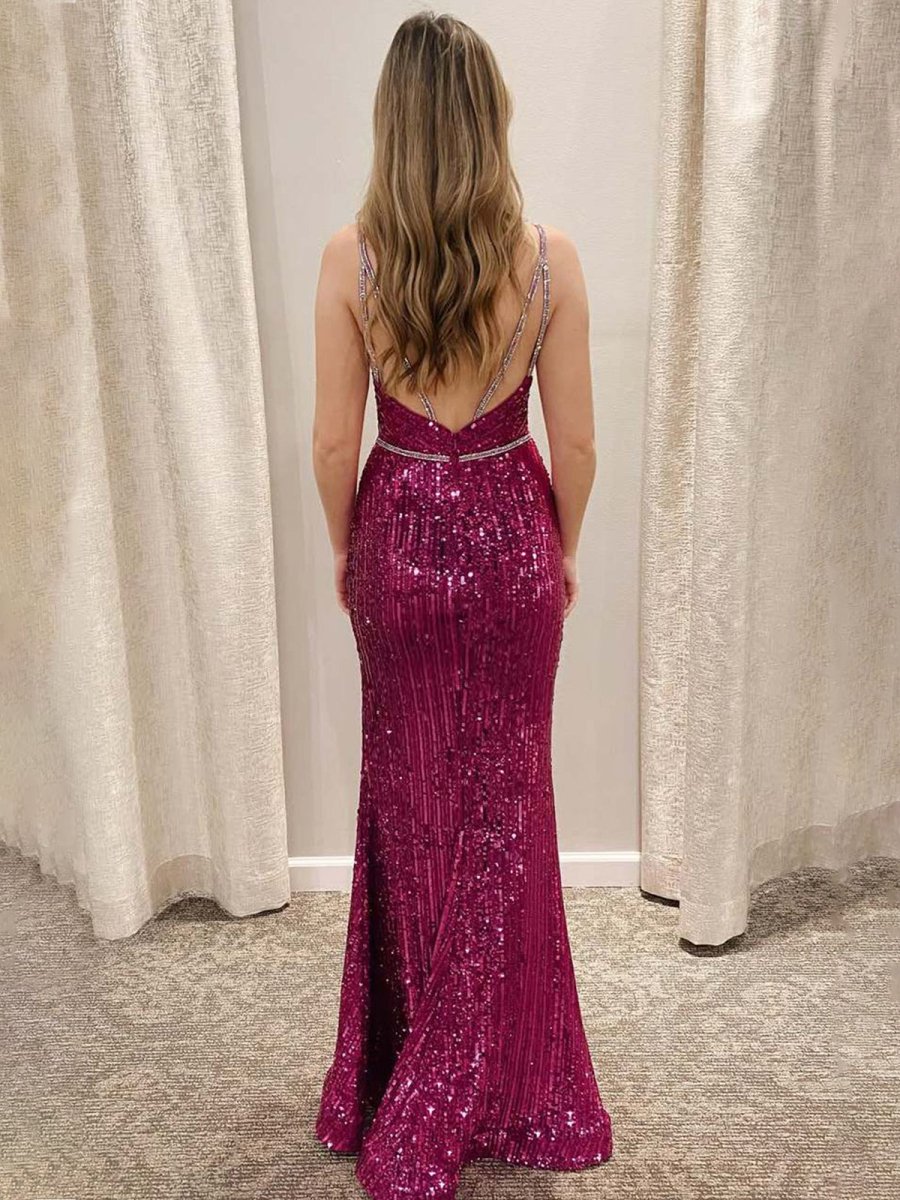 Covie | Vestido de fiesta largo con escote en V, tirantes finos, lentejuelas y abertura 