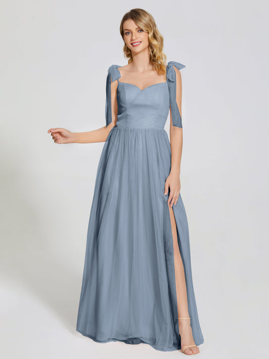 Vestido de fiesta de tul con abertura y tirantes con lazo desmontable
