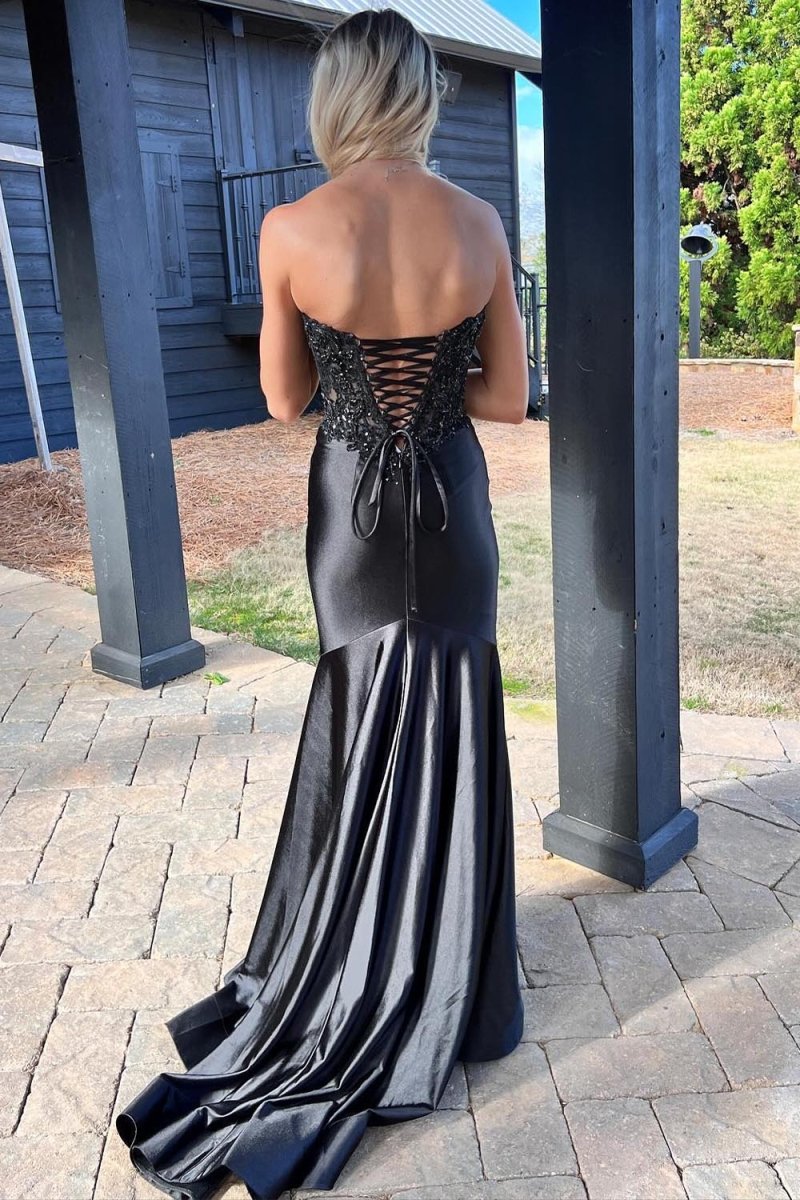 Donya | Vestido de fiesta de satén negro con escote en forma de corazón y encaje y abertura