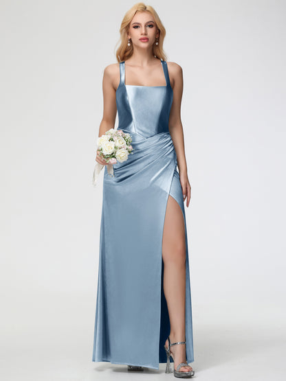 Vestidos de fiesta de color azul polvoriento con tirantes fruncidos hasta el suelo, vestido de fiesta ajustado con abertura 