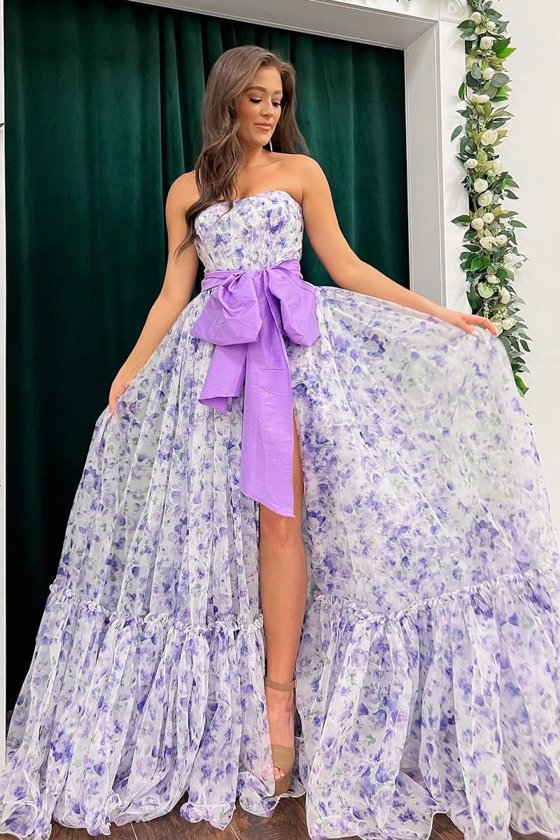 Elegantes vestidos de fiesta largos sin tirantes de gasa con estampado floral y abertura
