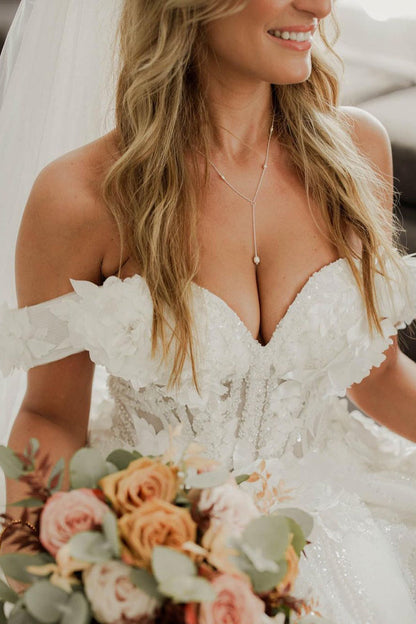 Ball Gown Off the Shoulder Lace Tulle Slit Wedding Dresses with Appliques
