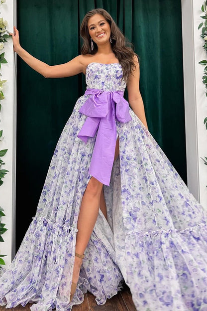 Elegantes vestidos de fiesta largos sin tirantes de gasa con estampado floral y abertura