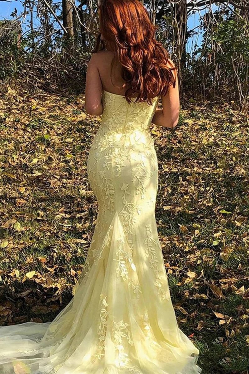 Camryn | Vestido de fiesta largo de encaje sin tirantes y corte sirena con abertura