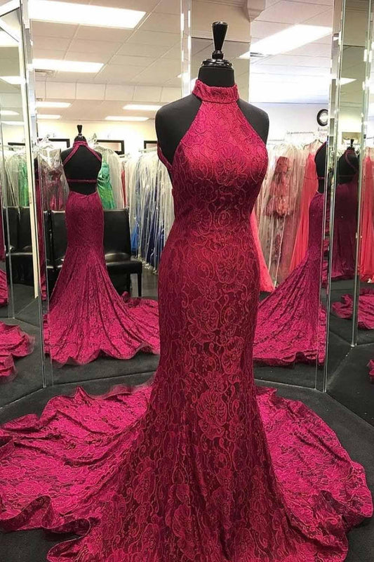 Elegant Mermaid Halter Neck Burgundy Prom Dress Evening Dress  PSK218