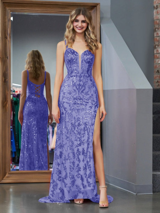 Erryn | Vestido de fiesta largo con lentejuelas y abertura en color morado
