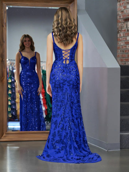 Erryn | Vestido de fiesta largo con lentejuelas y abertura en azul brillante