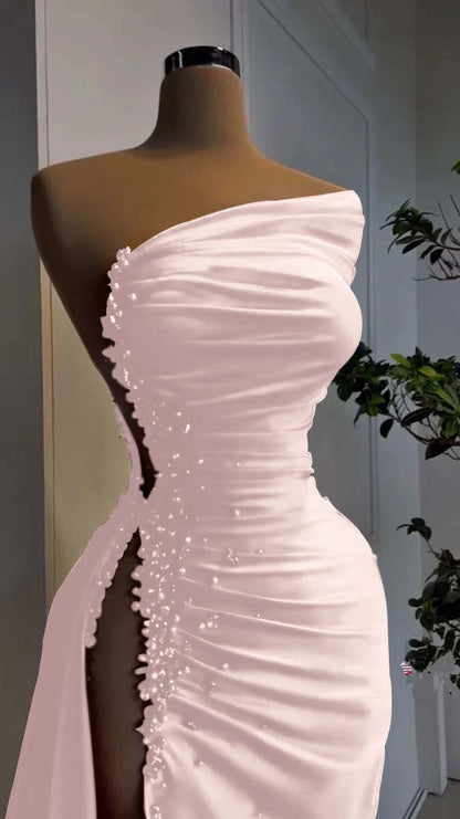 Red Pearl Strapless Prom Dress Long Slit Sleeveless YH0053