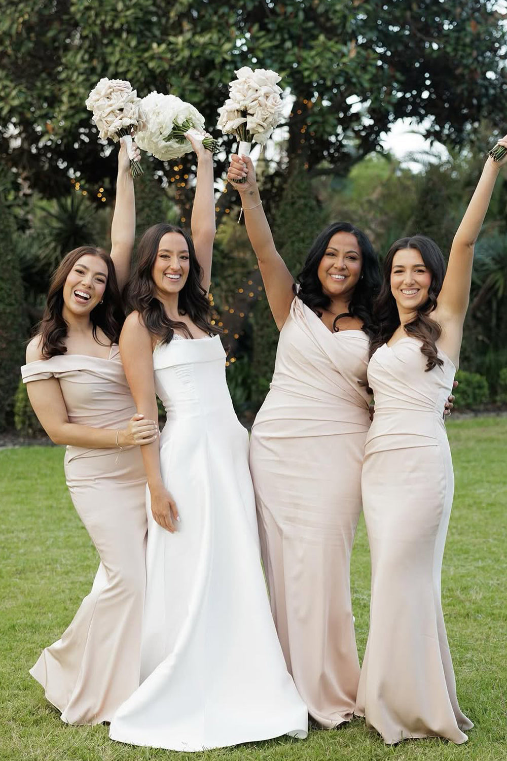 Elegant Mermaid Off the Shoulder Blush Elastic Satin Long Bridesmaid Dresses VK24112203