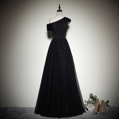 Vestido de noche negro nuevo con lentejuelas y un hombro descubierto, vestido de fiesta fg147