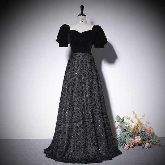 Vestido de noche negro de corte A, nuevo vestido de fiesta de graduación, vestidos de fiesta fg214