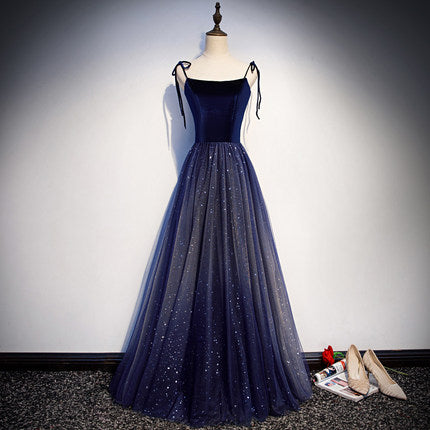 Vestido de fiesta sencillo de corte A, vestido de noche de tul azul marino, vestido de dama de honor fg228