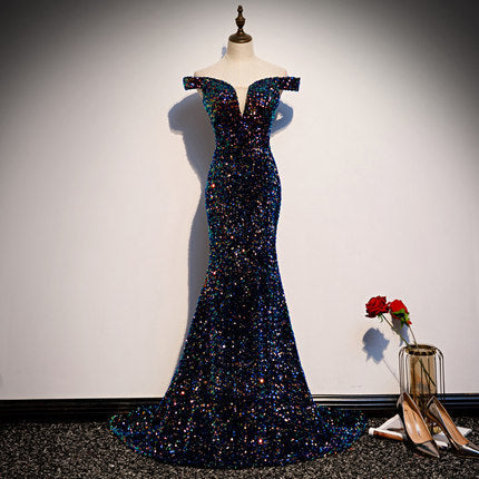 Vestidos de fiesta de sirena sencillos Vestido de noche de lentejuelas azul marino fg230