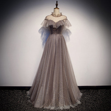 Vestido de fiesta sencillo de corte A con tul y escote en V fg231