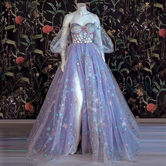 Hermoso vestido de tul morado claro, vestido floral, vestido de escote corazón con hombros descubiertos, vestidos de noche de corte A con abertura, vestido de fiesta fg256