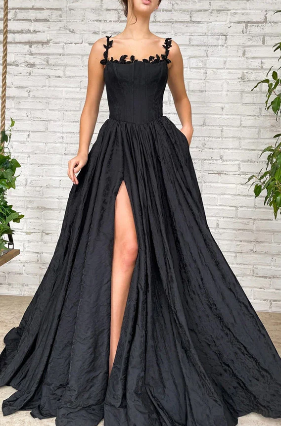 Vestido de fiesta largo de tafetán negro con abertura y corte en A fg360