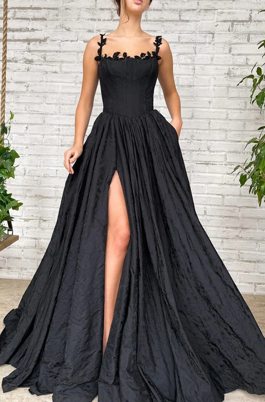Vestido de fiesta largo de tafetán negro con abertura y corte en A fg360