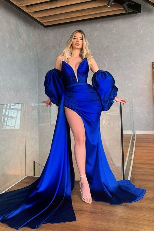 Impresionante vestido de fiesta de sirena con mangas desmontables en azul real y abertura fg394