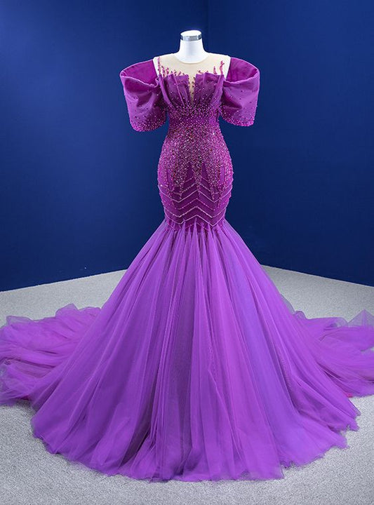 Vestido de fiesta de sirena morado con tul y perlas y abalorios fg457