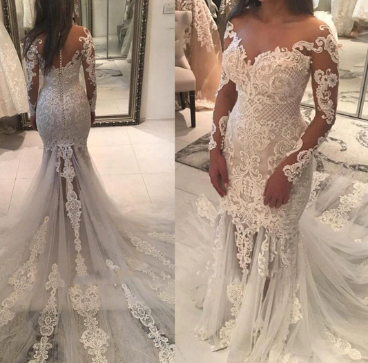 Vestidos de novia sexys de manga larga con apliques y hombros descubiertos fg495