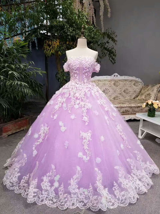 Nuevos vestidos de novia florales de corte A, largo hasta el suelo, con cordones, hombros descubiertos, vestido de baile con cuentas y apliques fg513