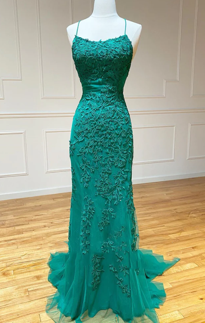 Vestidos de fiesta de sirena con encaje verde con espalda abierta, vestidos de noche formales de sirena con encaje verde sin espalda fg569