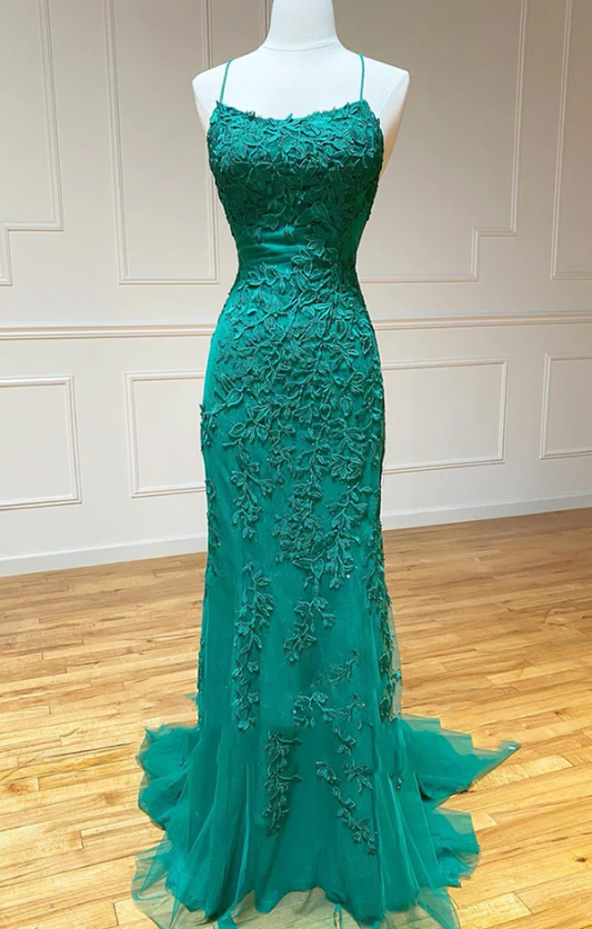 Vestidos de fiesta de sirena con encaje verde con espalda abierta, vestidos de noche formales de sirena con encaje verde sin espalda fg569