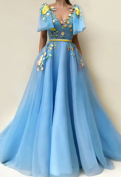 Hermosos vestidos de fiesta Línea A Hasta el suelo Sin mangas Bolsillos Bordado Largo Elegante Vestido de fiesta de tul fg576
