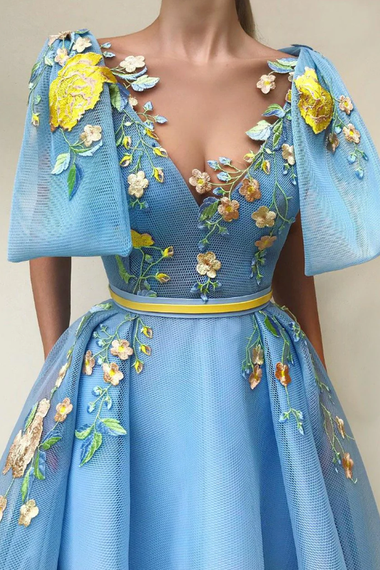 Hermosos vestidos de fiesta Línea A Hasta el suelo Sin mangas Bolsillos Bordado Largo Elegante Vestido de fiesta de tul fg576