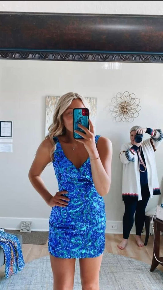 Vestido corto de lentejuelas azules para la fiesta de bienvenida a casa, vestido de fiesta escolar fg67