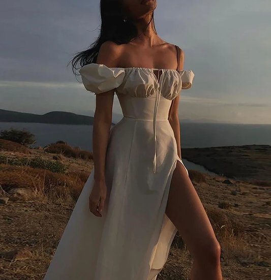 Vestido de fiesta largo con hombros descubiertos y mangas abullonadas fg701